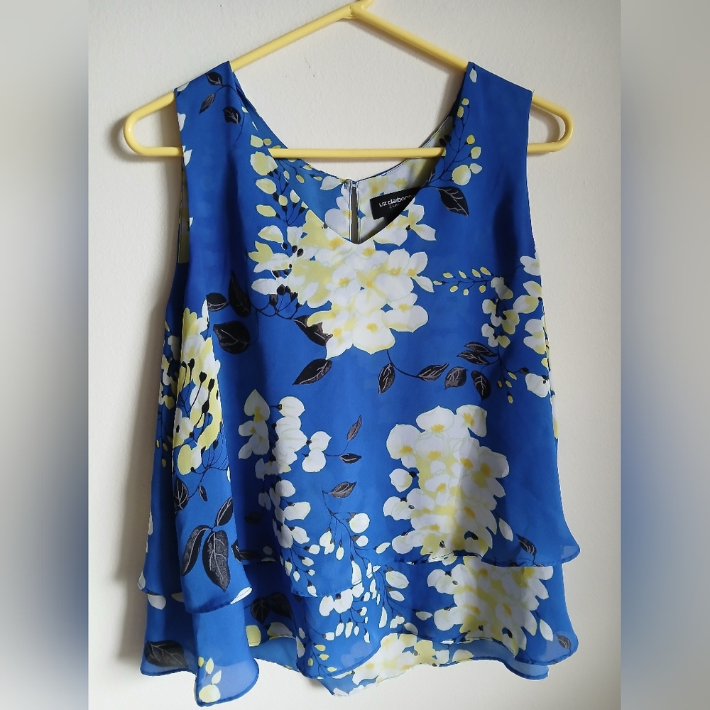 Liz Claiborne Blue and Yellow Floral Tank Size Large
